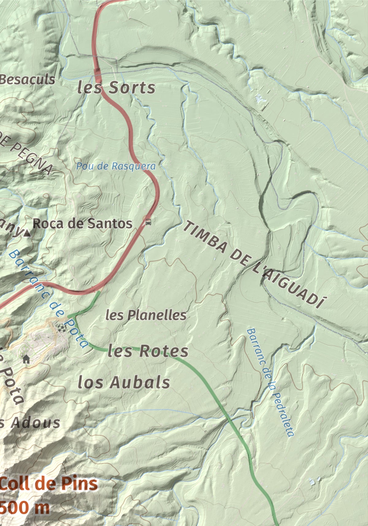 Mapa de relieve de Coll de Pins, 500 m, Ribera d'Ebre, lámina 100 Cims de Trobart. Detalle de la zona superior derecha. 21 × 30 cm.