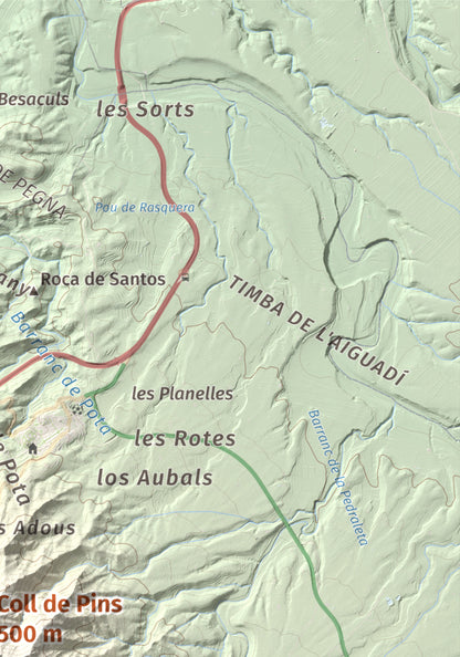 Mapa de relieve de Coll de Pins, 500 m, Ribera d'Ebre, lámina 100 Cims de Trobart. Detalle de la zona superior derecha. 21 × 30 cm.