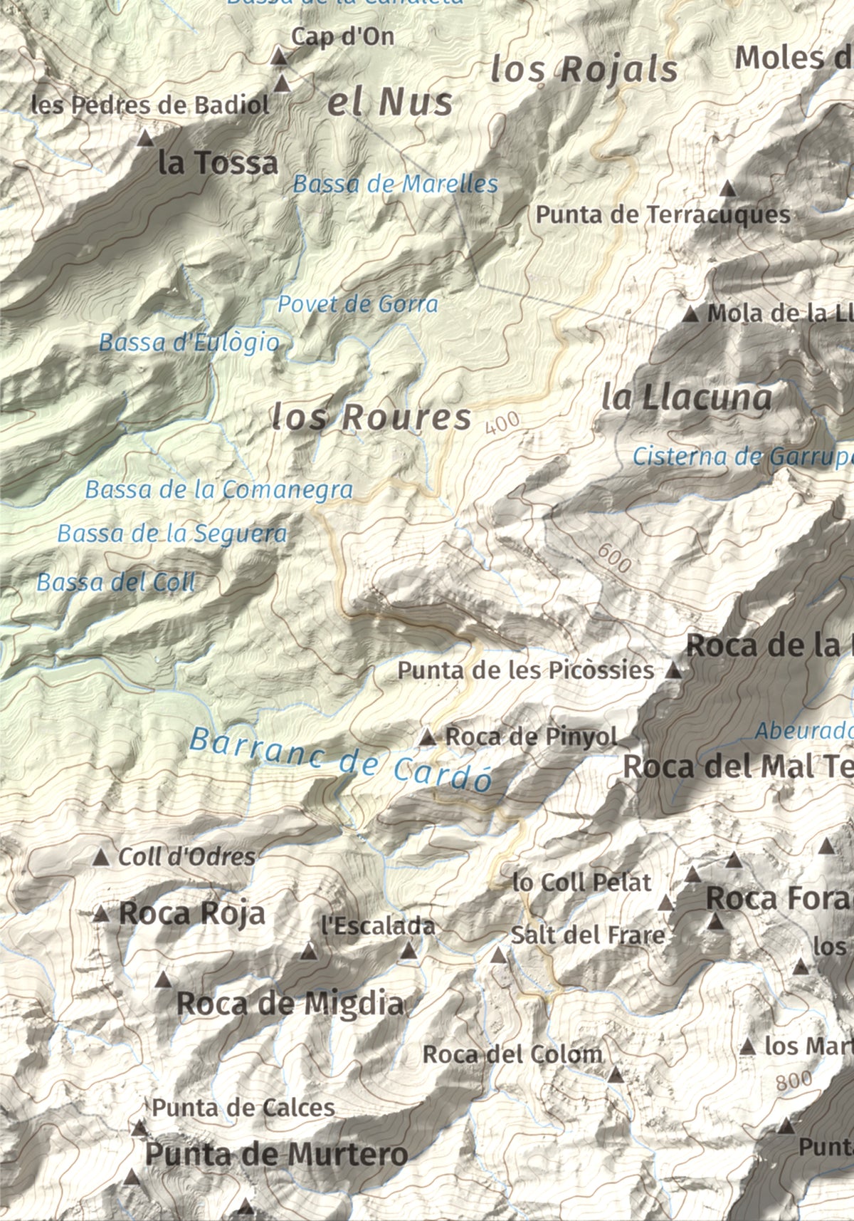 Mapa de relieve de Coll de Pins, 500 m, Ribera d'Ebre, lámina 100 Cims de Trobart. Detalle de la zona inferior izquierda. 21 × 30 cm.