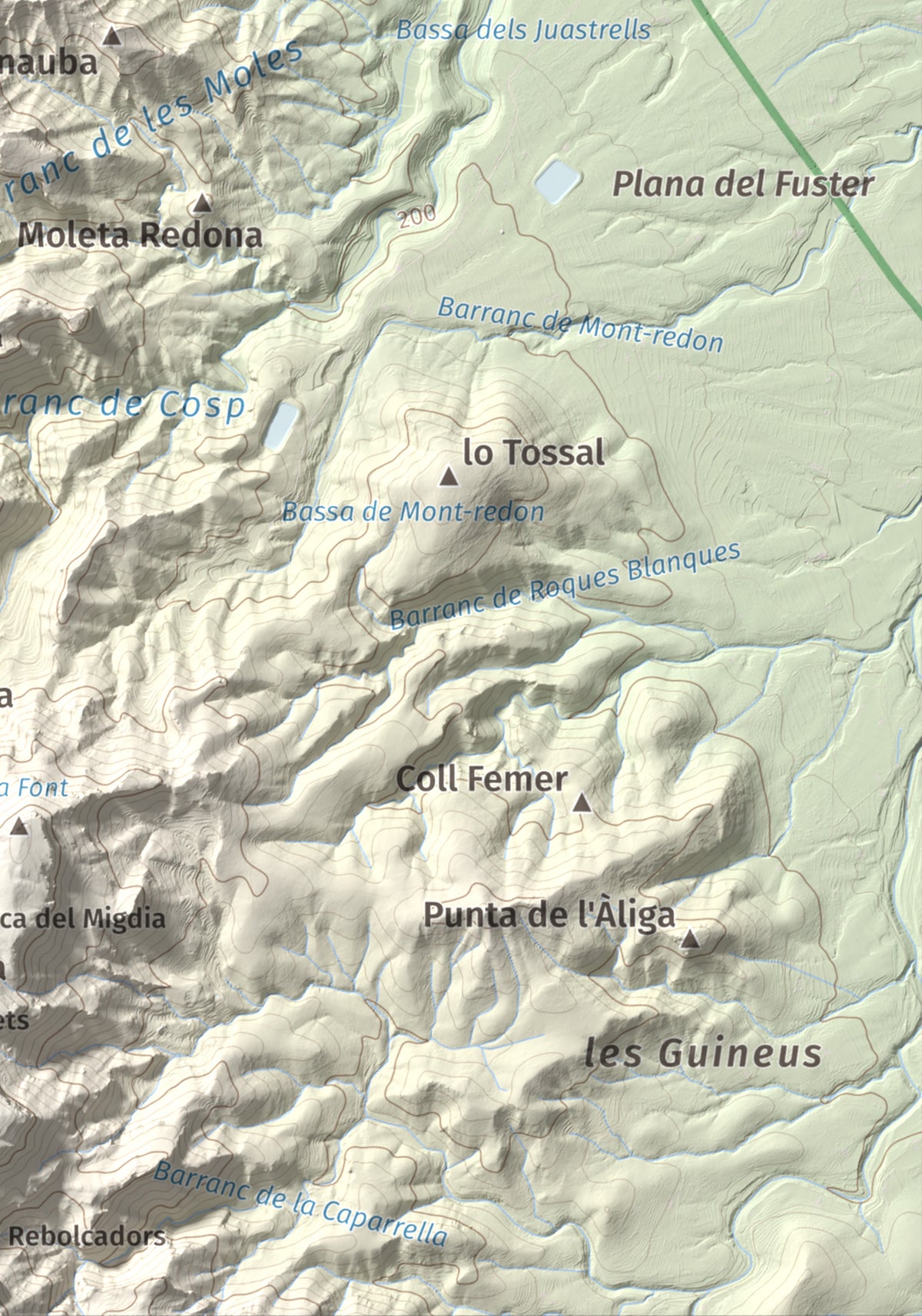 Mapa de relieve de Coll de Pins, 500 m, Ribera d'Ebre, lámina 100 Cims de Trobart. Detalle de la zona inferior derecha. 21 × 30 cm.