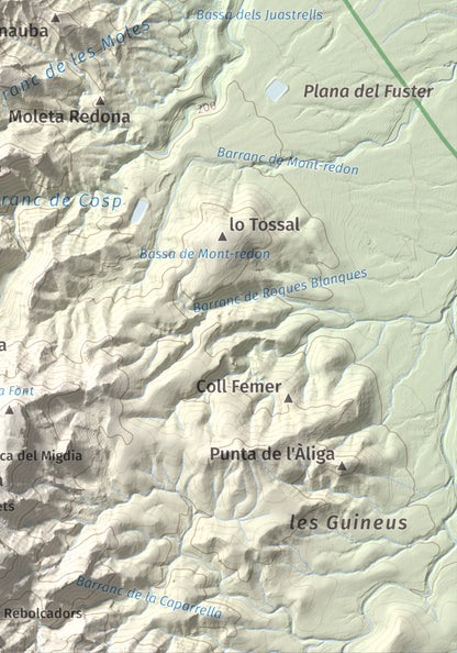 Mapa de relieve de Coll de Pins, 500 m, Ribera d'Ebre, lámina 100 Cims de Trobart. Detalle de la zona inferior derecha. 21 × 30 cm.