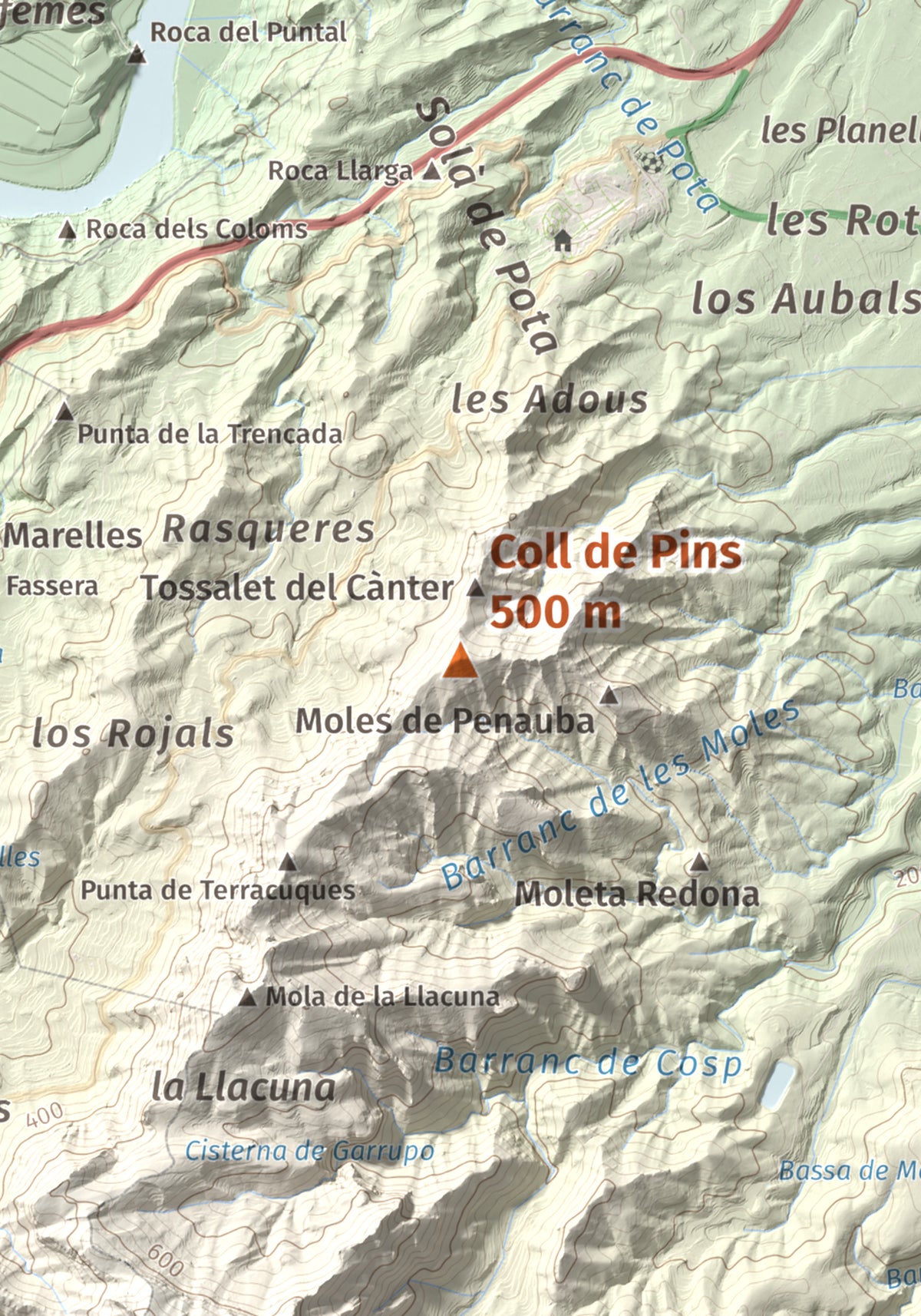 Mapa de relieve de Coll de Pins, 500 m, Ribera d'Ebre, lámina 100 Cims de Trobart. Detalle de la zona central. 21 × 30 cm.