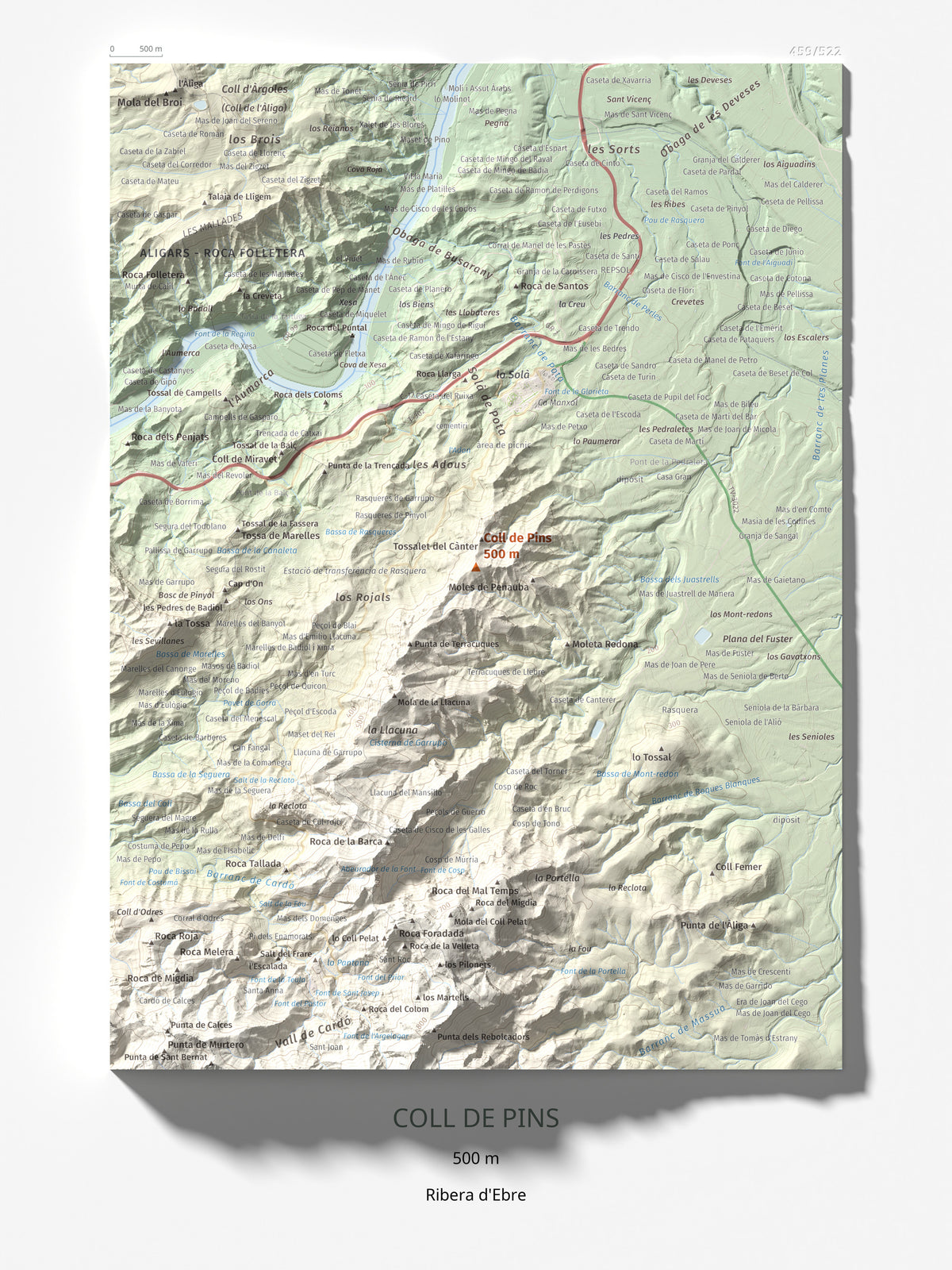 Mapa de relieve de Coll de Pins, 500 m, Ribera d'Ebre, lámina 100 Cims de Trobart 30 × 40 cm.
