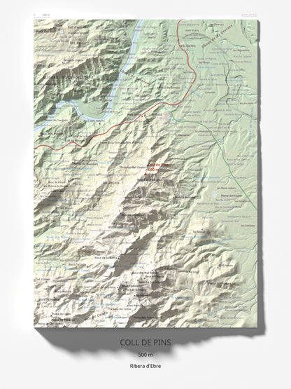 Mapa de relieve de Coll de Pins, 500 m, Ribera d'Ebre, lámina 100 Cims de Trobart 30 × 40 cm.