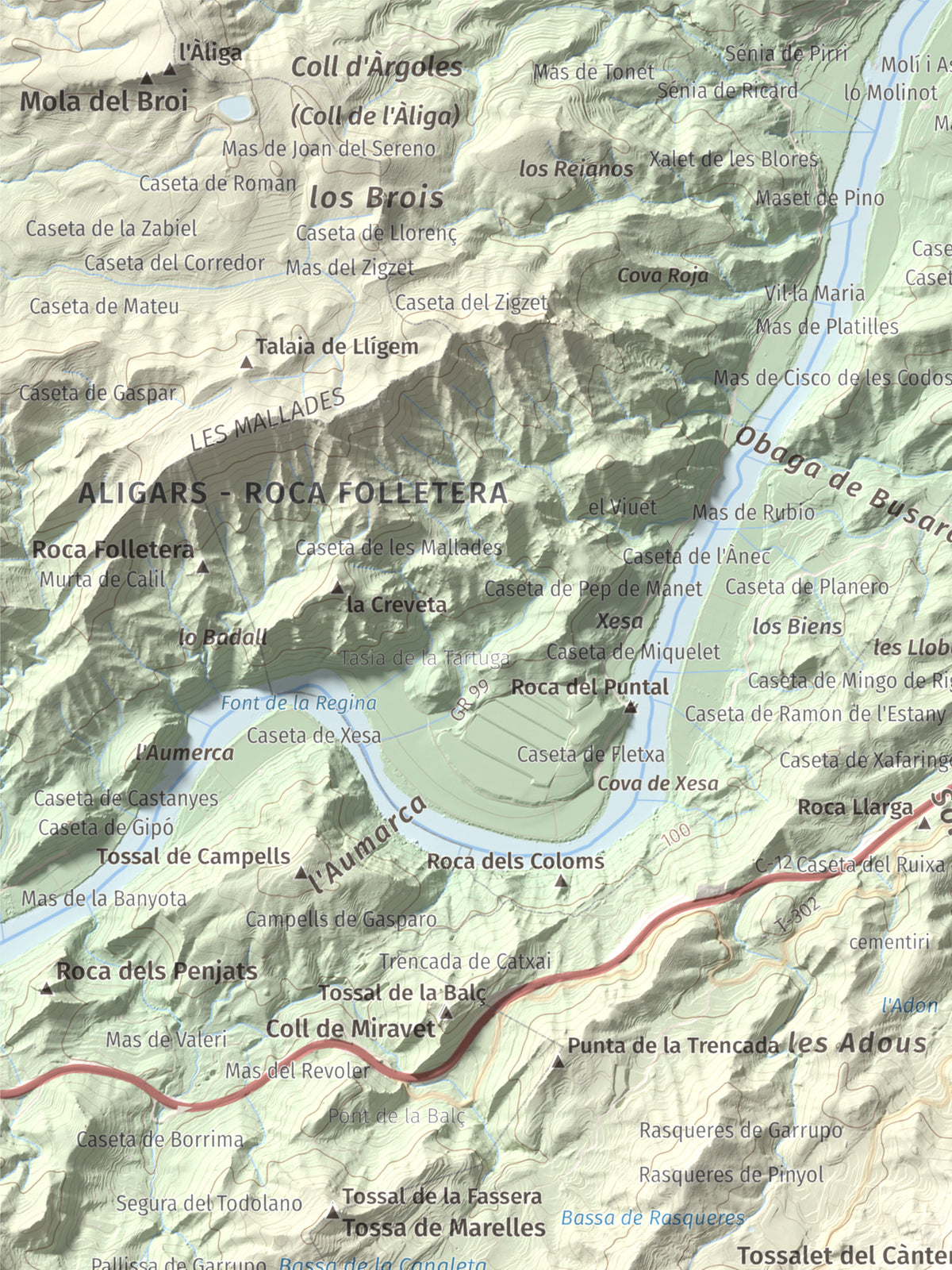 Mapa de relieve de Coll de Pins, 500 m, Ribera d'Ebre, lámina 100 Cims de Trobart. Detalle de la zona superior izquierda. 30 × 40 cm.
