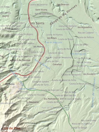 Mapa de relieve de Coll de Pins, 500 m, Ribera d'Ebre, lámina 100 Cims de Trobart. Detalle de la zona superior derecha. 30 × 40 cm.