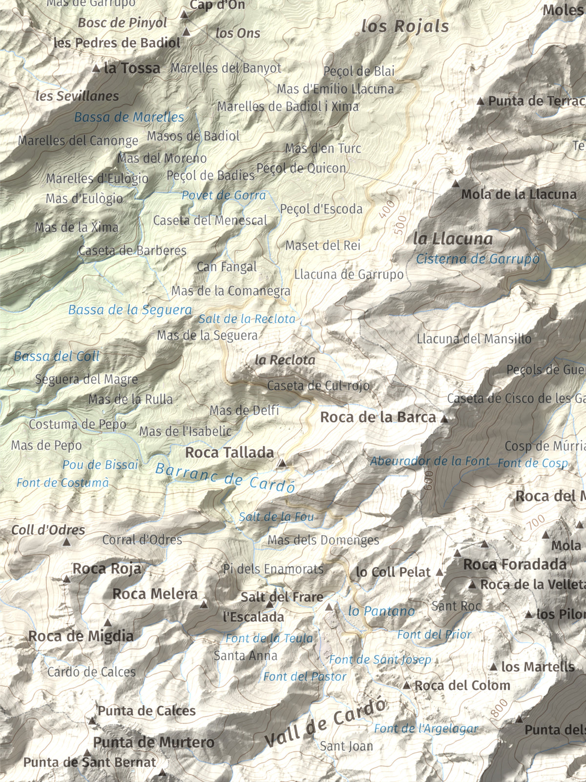 Mapa de relieve de Coll de Pins, 500 m, Ribera d'Ebre, lámina 100 Cims de Trobart. Detalle de la zona inferior izquierda. 30 × 40 cm.
