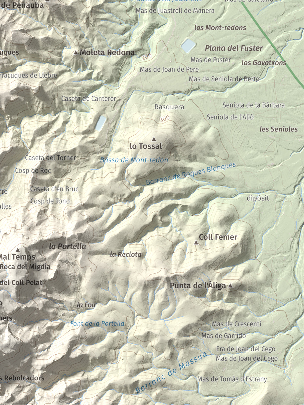 Mapa de relieve de Coll de Pins, 500 m, Ribera d'Ebre, lámina 100 Cims de Trobart. Detalle de la zona inferior derecha. 30 × 40 cm.
