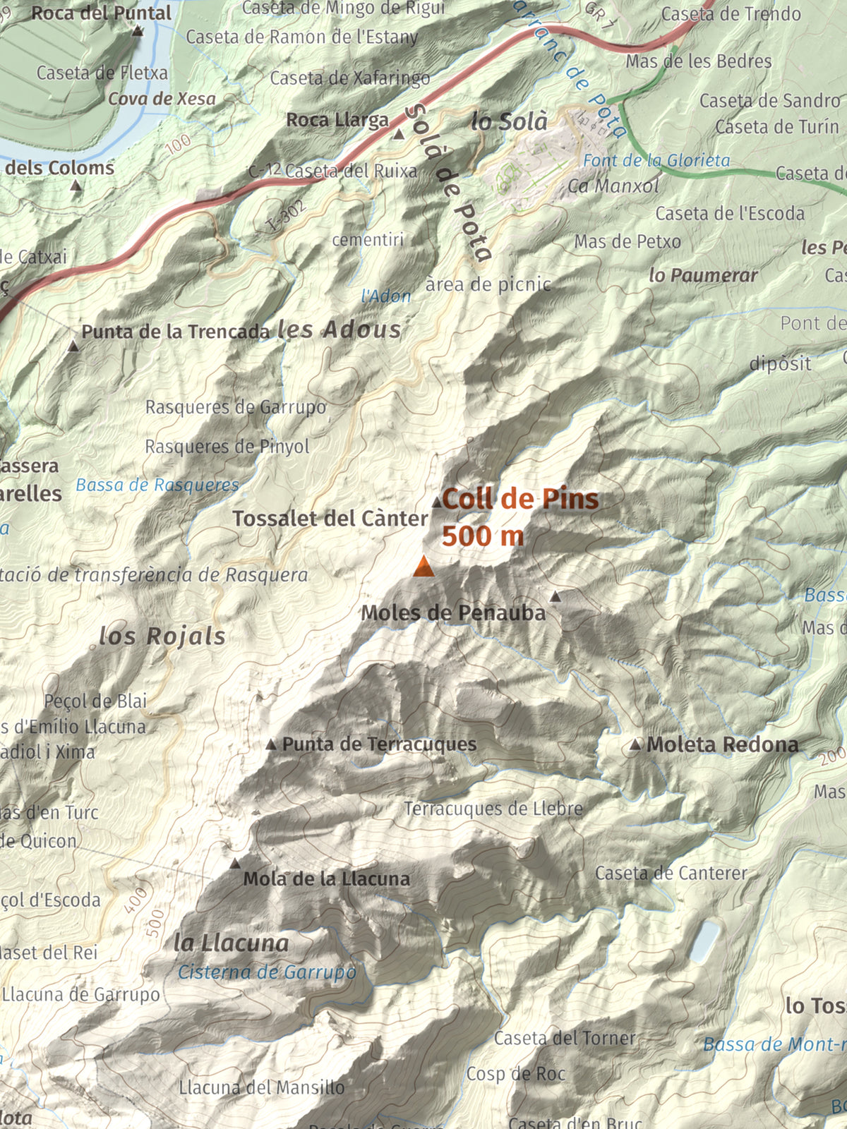 Mapa de relieve de Coll de Pins, 500 m, Ribera d'Ebre, lámina 100 Cims de Trobart. Detalle de la zona central. 30 × 40 cm.