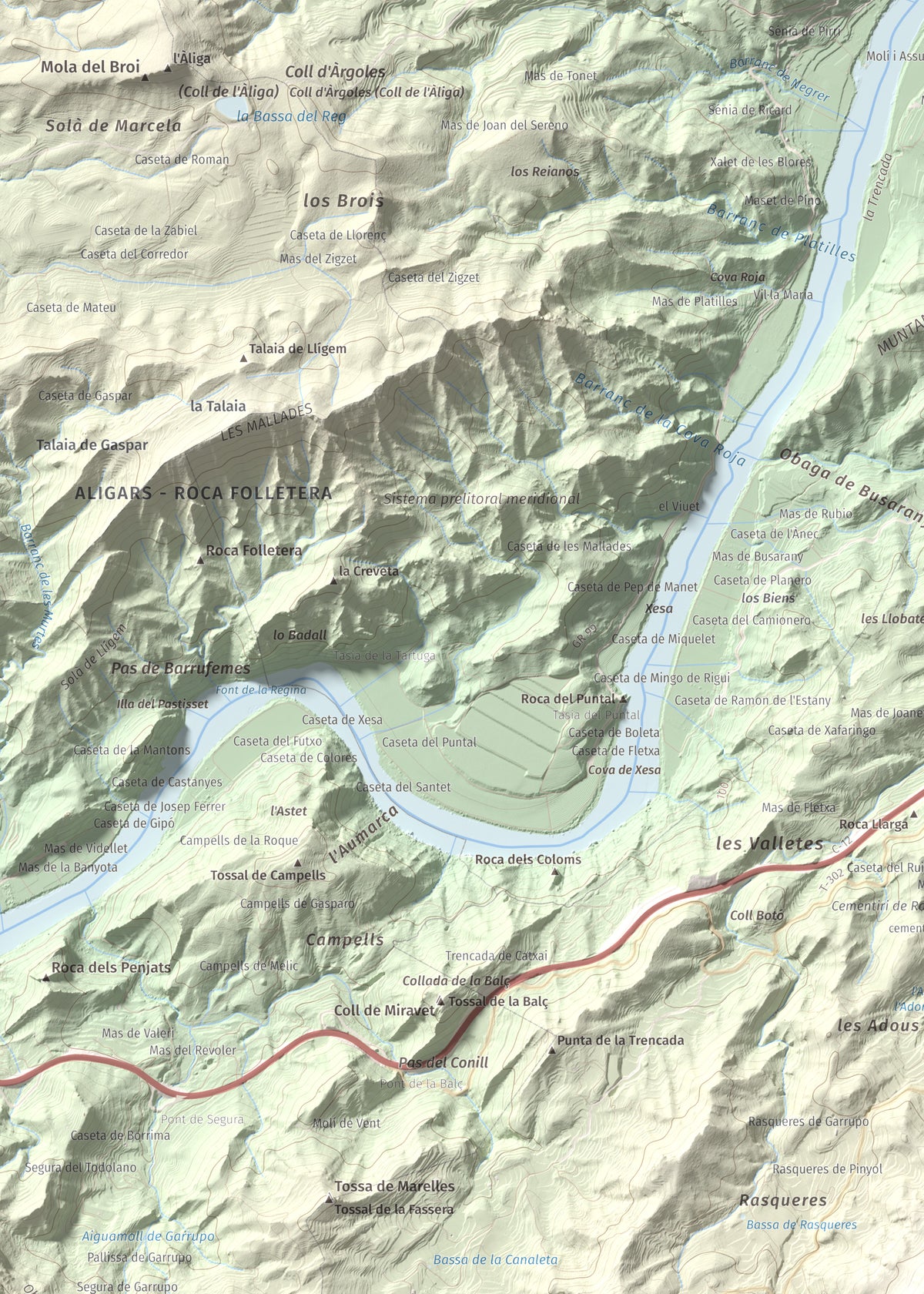 Mapa de relieve de Coll de Pins, 500 m, Ribera d'Ebre, lámina 100 Cims de Trobart. Detalle de la zona superior izquierda. 50 × 70 cm.