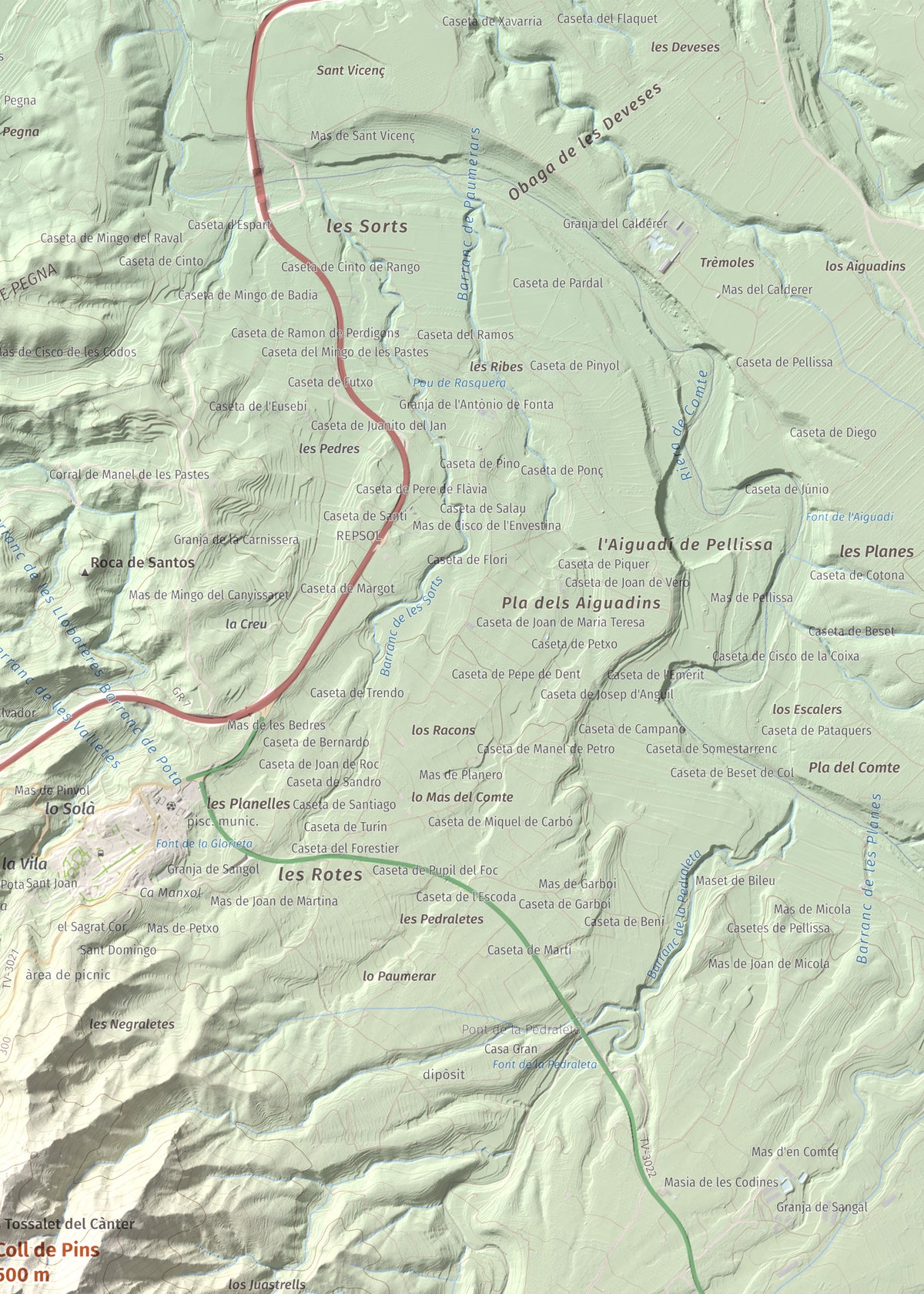Mapa de relieve de Coll de Pins, 500 m, Ribera d'Ebre, lámina 100 Cims de Trobart. Detalle de la zona superior derecha. 50 × 70 cm.