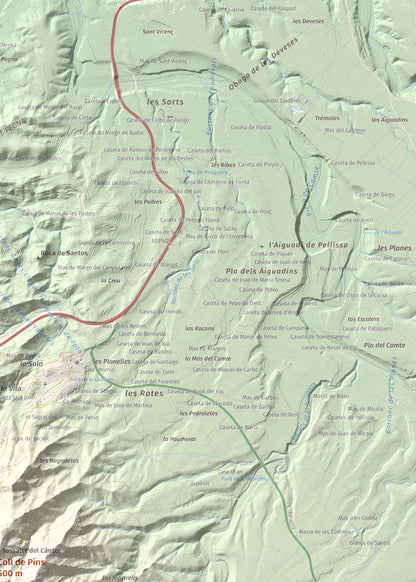 Mapa de relieve de Coll de Pins, 500 m, Ribera d'Ebre, lámina 100 Cims de Trobart. Detalle de la zona superior derecha. 50 × 70 cm.