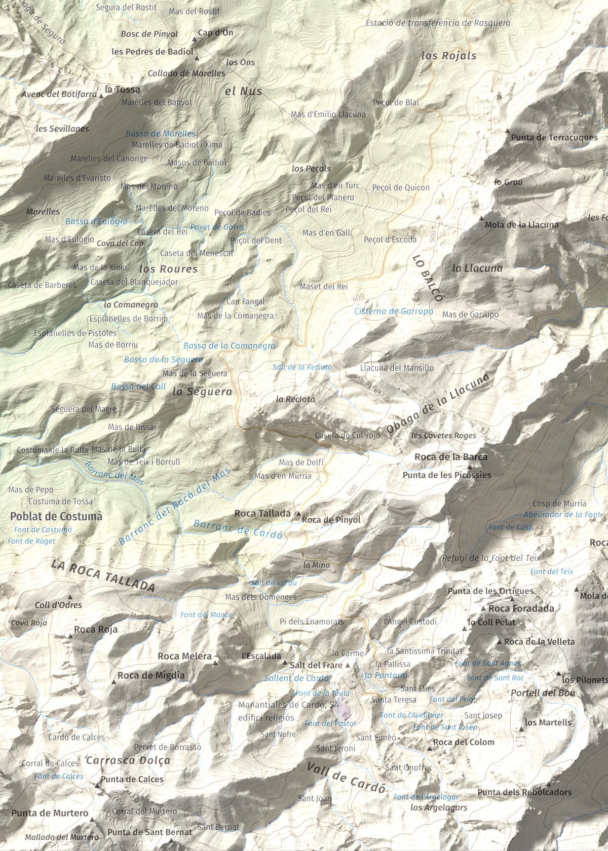Mapa de relieve de Coll de Pins, 500 m, Ribera d'Ebre, lámina 100 Cims de Trobart. Detalle de la zona inferior izquierda. 50 × 70 cm.