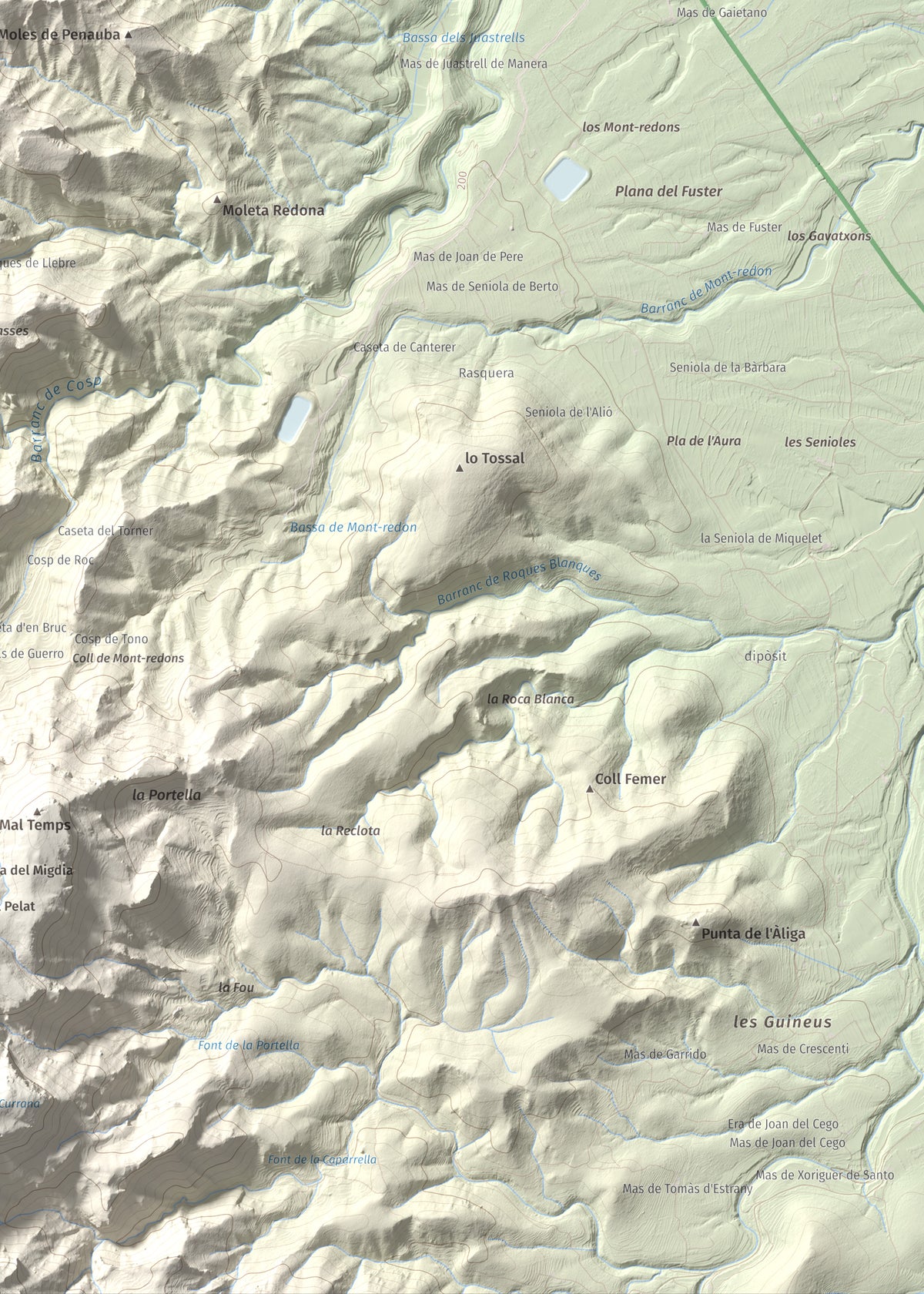 Mapa de relieve de Coll de Pins, 500 m, Ribera d'Ebre, lámina 100 Cims de Trobart. Detalle de la zona inferior derecha. 50 × 70 cm.