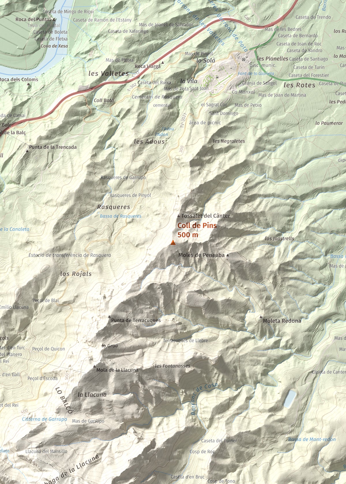 Mapa de relieve de Coll de Pins, 500 m, Ribera d'Ebre, lámina 100 Cims de Trobart. Detalle de la zona central. 50 × 70 cm.