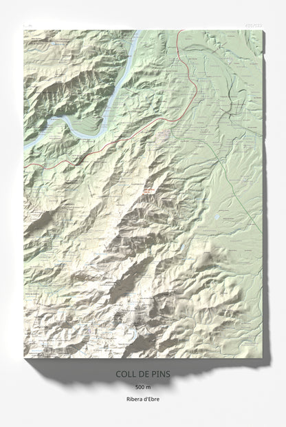 Mapa de relieve de Coll de Pins, 500 m, Ribera d'Ebre, lámina 100 Cims de Trobart 61 × 91 cm.