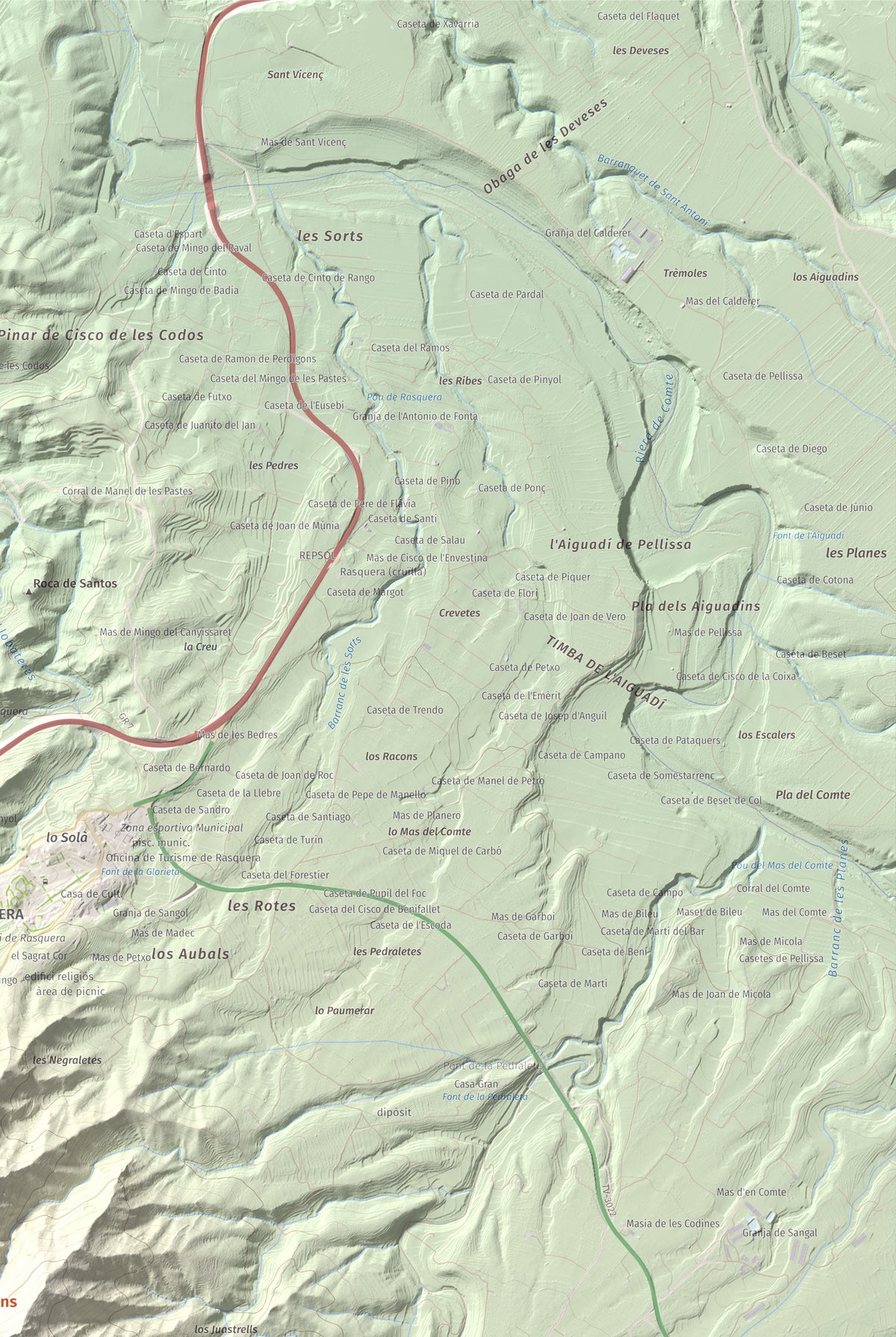 Mapa de relieve de Coll de Pins, 500 m, Ribera d'Ebre, lámina 100 Cims de Trobart. Detalle de la zona superior derecha. 61 × 91 cm.