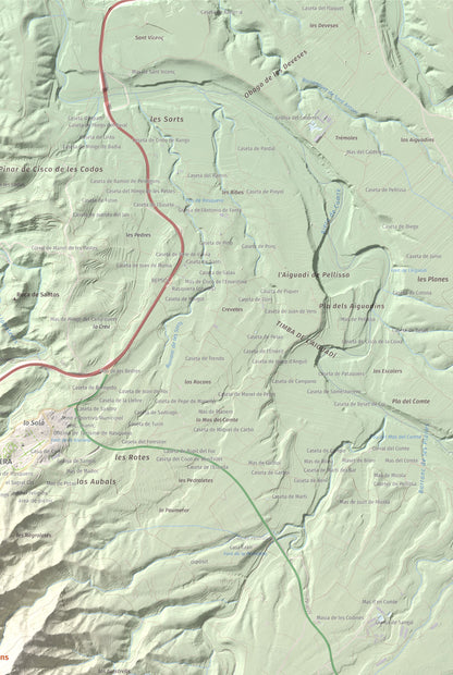 Mapa de relieve de Coll de Pins, 500 m, Ribera d'Ebre, lámina 100 Cims de Trobart. Detalle de la zona superior derecha. 61 × 91 cm.