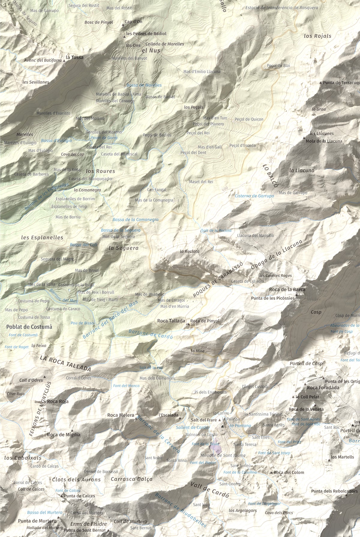Mapa de relieve de Coll de Pins, 500 m, Ribera d'Ebre, lámina 100 Cims de Trobart. Detalle de la zona inferior izquierda. 61 × 91 cm.