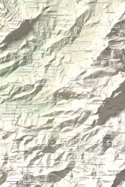 Mapa de relieve de Coll de Pins, 500 m, Ribera d'Ebre, lámina 100 Cims de Trobart. Detalle de la zona inferior izquierda. 61 × 91 cm.