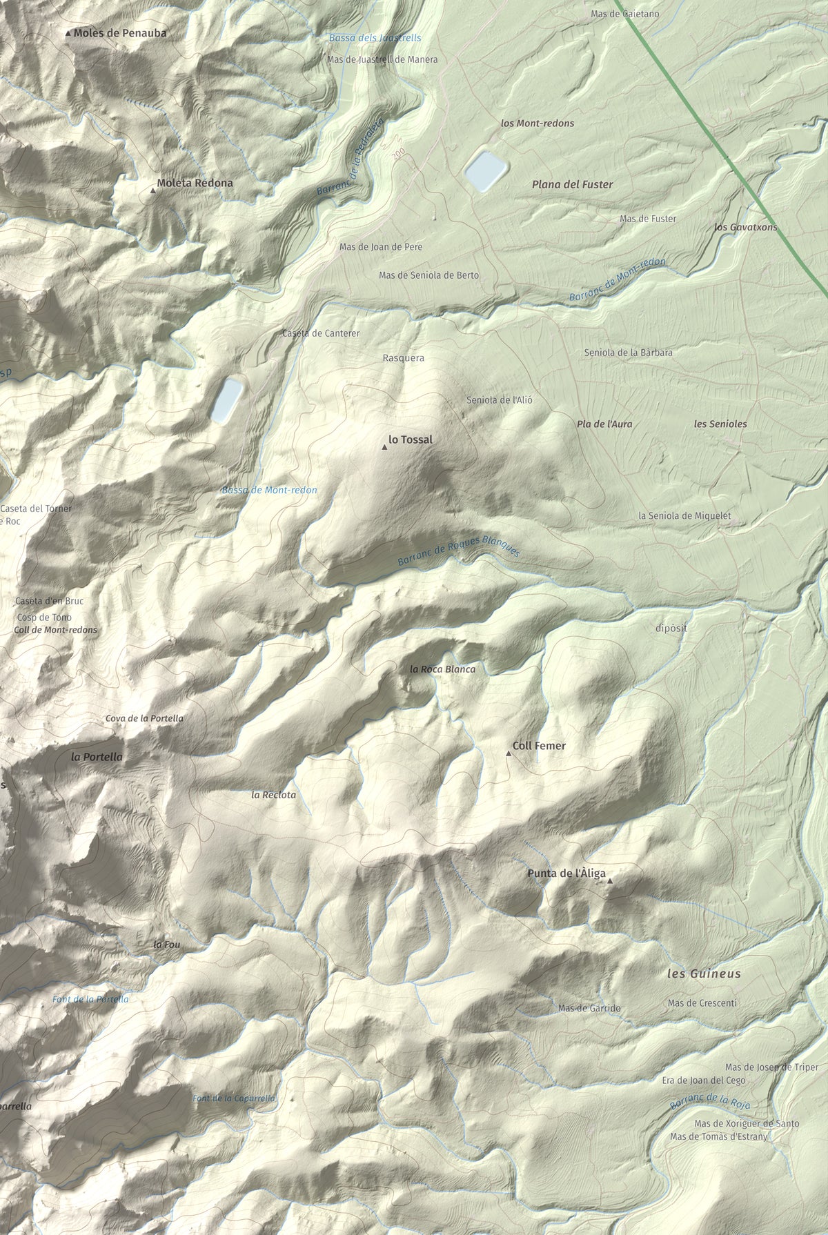 Mapa de relieve de Coll de Pins, 500 m, Ribera d'Ebre, lámina 100 Cims de Trobart. Detalle de la zona inferior derecha. 61 × 91 cm.