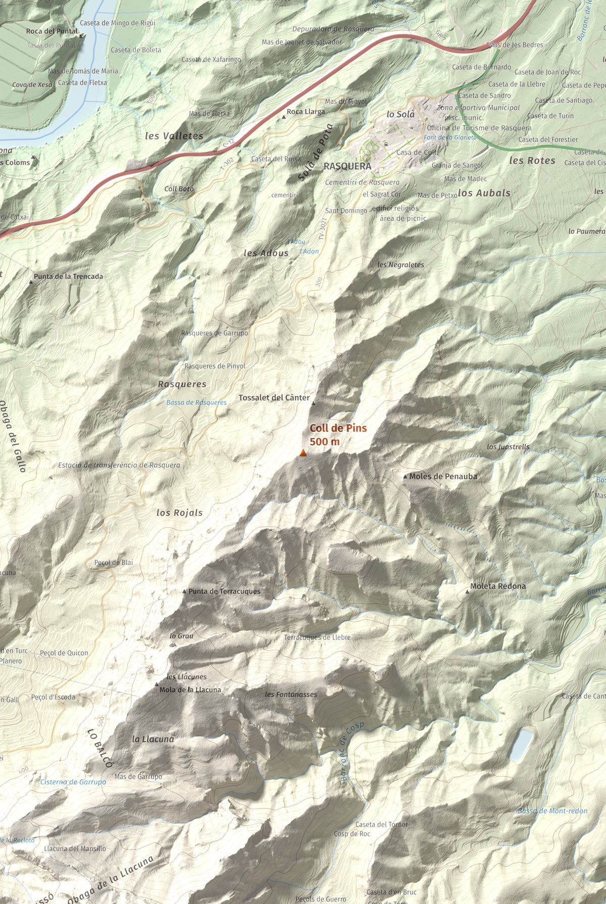Mapa de relieve de Coll de Pins, 500 m, Ribera d'Ebre, lámina 100 Cims de Trobart. Detalle de la zona central. 61 × 91 cm.
