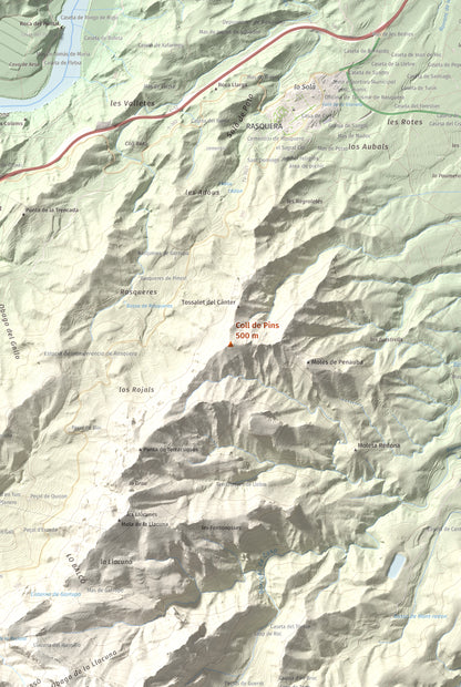 Mapa de relieve de Coll de Pins, 500 m, Ribera d'Ebre, lámina 100 Cims de Trobart. Detalle de la zona central. 61 × 91 cm.