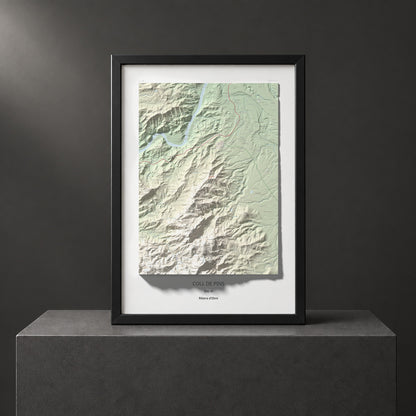 Mapa de relieve de Coll de Pins, 500 m, Ribera d'Ebre, lámina 100 Cims de Trobart. Presentación enmarcada. 70 × 100 cm.