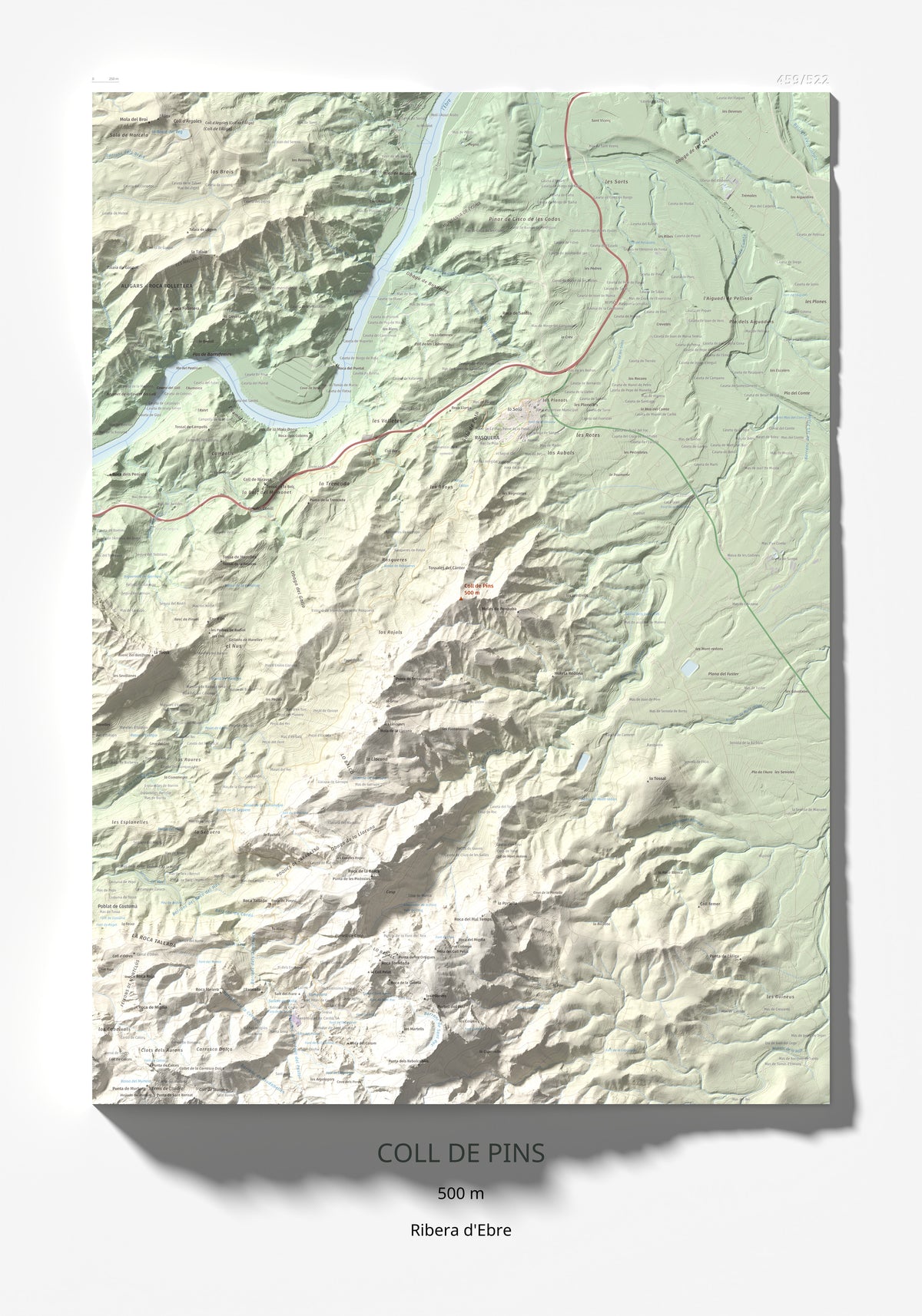 Mapa de relieve de Coll de Pins, 500 m, Ribera d'Ebre, lámina 100 Cims de Trobart 70 × 100 cm.