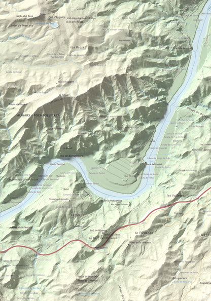 Mapa de relieve de Coll de Pins, 500 m, Ribera d'Ebre, lámina 100 Cims de Trobart. Detalle de la zona superior izquierda. 70 × 100 cm.