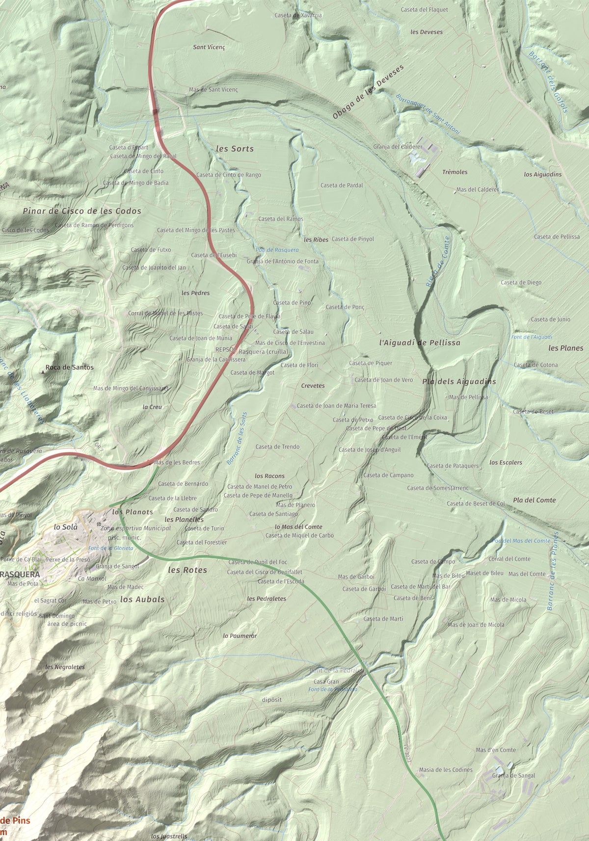 Mapa de relieve de Coll de Pins, 500 m, Ribera d'Ebre, lámina 100 Cims de Trobart. Detalle de la zona superior derecha. 70 × 100 cm.