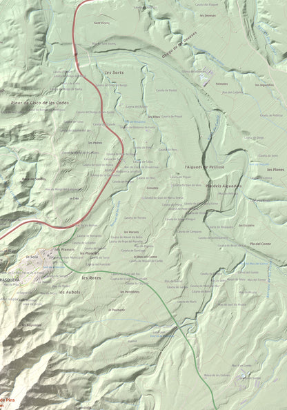 Mapa de relieve de Coll de Pins, 500 m, Ribera d'Ebre, lámina 100 Cims de Trobart. Detalle de la zona superior derecha. 70 × 100 cm.