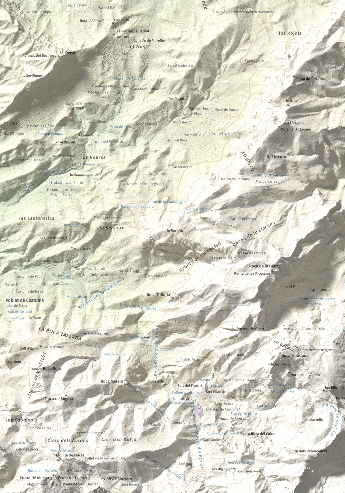 Mapa de relieve de Coll de Pins, 500 m, Ribera d'Ebre, lámina 100 Cims de Trobart. Detalle de la zona inferior izquierda. 70 × 100 cm.