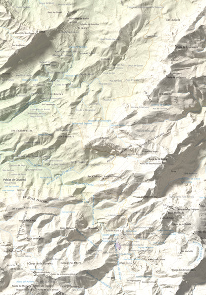 Mapa de relieve de Coll de Pins, 500 m, Ribera d'Ebre, lámina 100 Cims de Trobart. Detalle de la zona inferior izquierda. 70 × 100 cm.