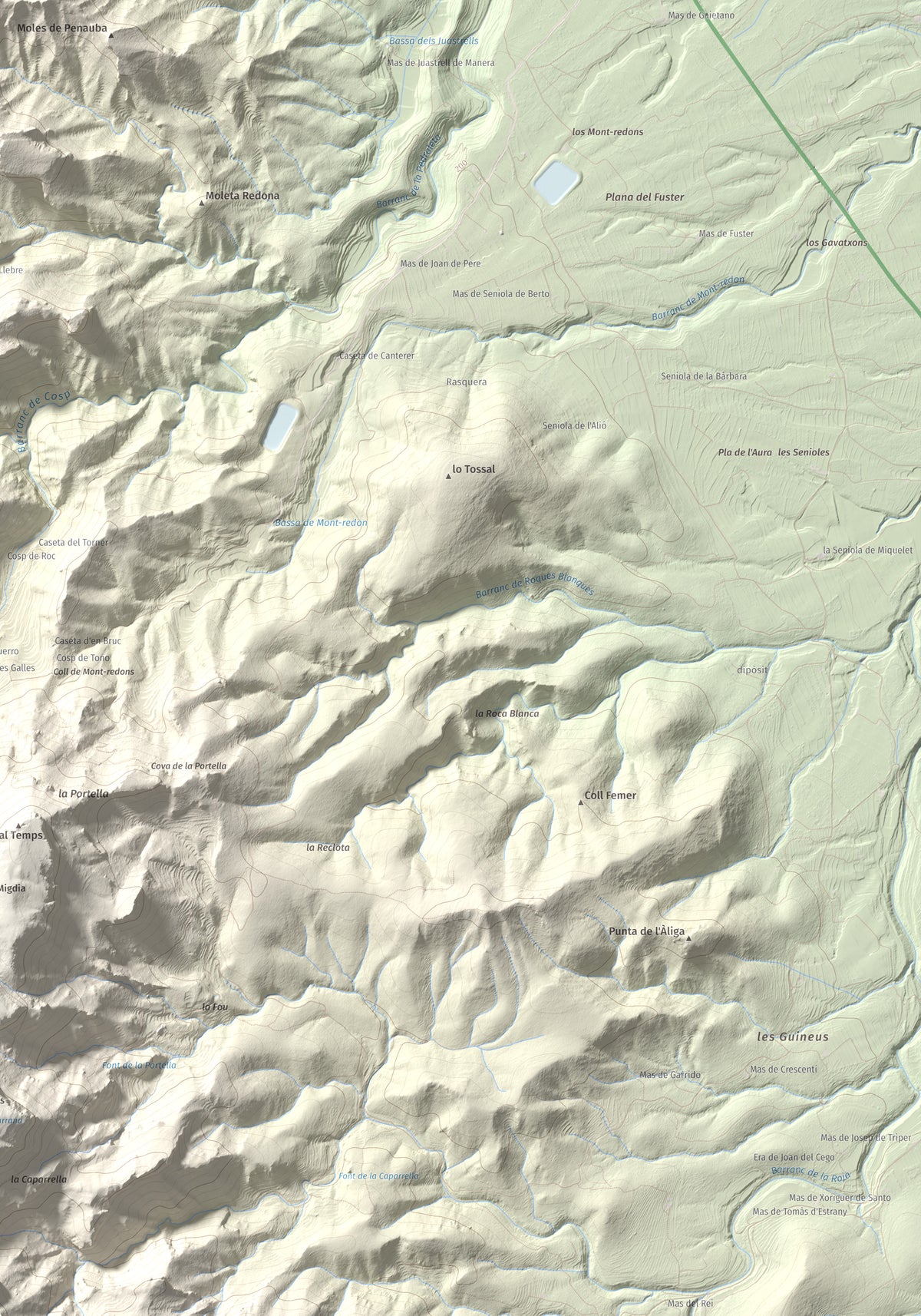 Mapa de relieve de Coll de Pins, 500 m, Ribera d'Ebre, lámina 100 Cims de Trobart. Detalle de la zona inferior derecha. 70 × 100 cm.