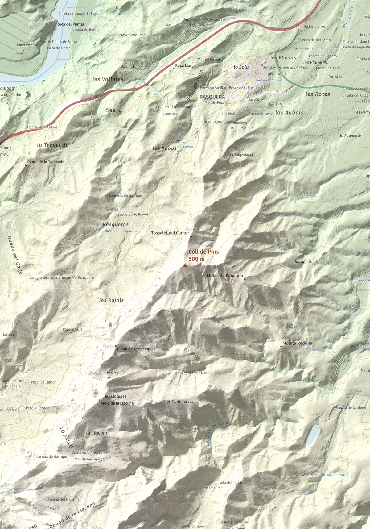 Mapa de relieve de Coll de Pins, 500 m, Ribera d'Ebre, lámina 100 Cims de Trobart. Detalle de la zona central. 70 × 100 cm.