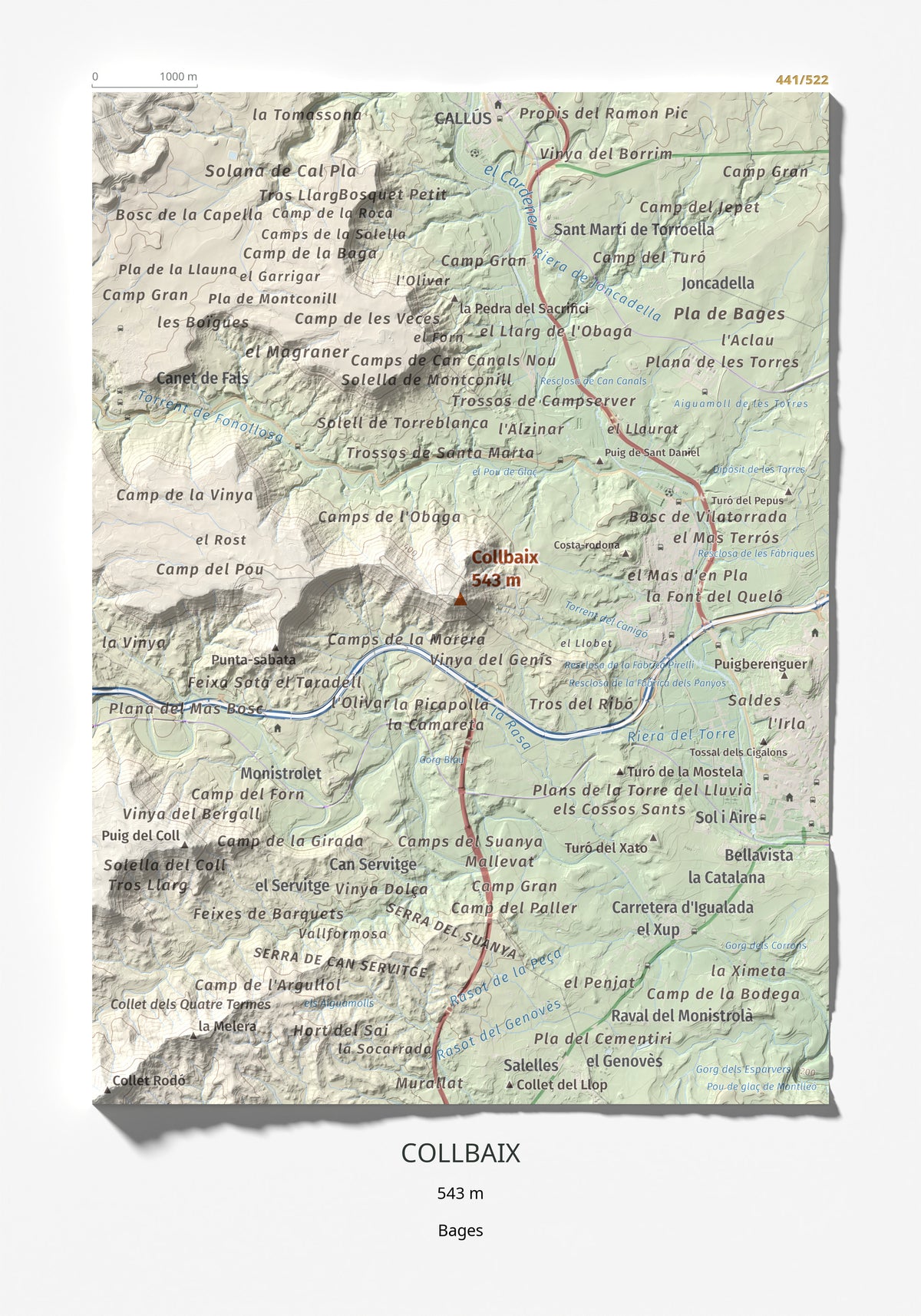 Mapa de relieve de Collbaix, 543 m, Bages, lámina 100 Cims de Trobart 21 × 30 cm.