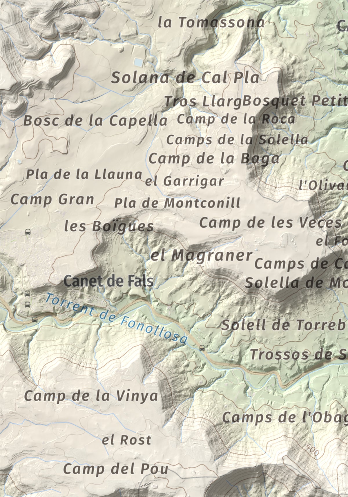Mapa de relieve de Collbaix, 543 m, Bages, lámina 100 Cims de Trobart. Detalle de la zona superior izquierda. 21 × 30 cm.