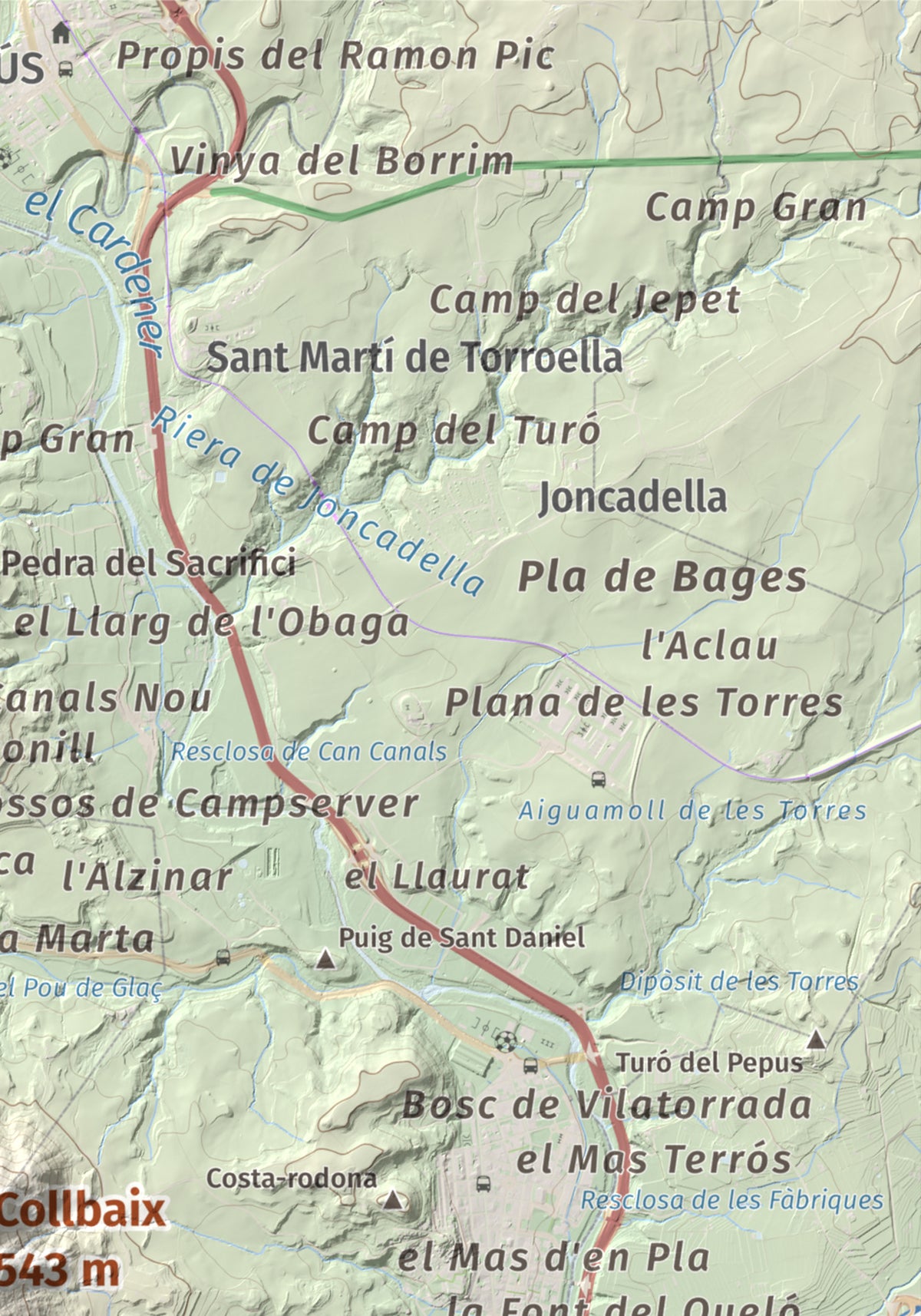Mapa de relieve de Collbaix, 543 m, Bages, lámina 100 Cims de Trobart. Detalle de la zona superior derecha. 21 × 30 cm.