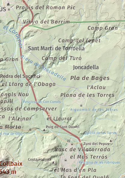 Mapa de relieve de Collbaix, 543 m, Bages, lámina 100 Cims de Trobart. Detalle de la zona superior derecha. 21 × 30 cm.