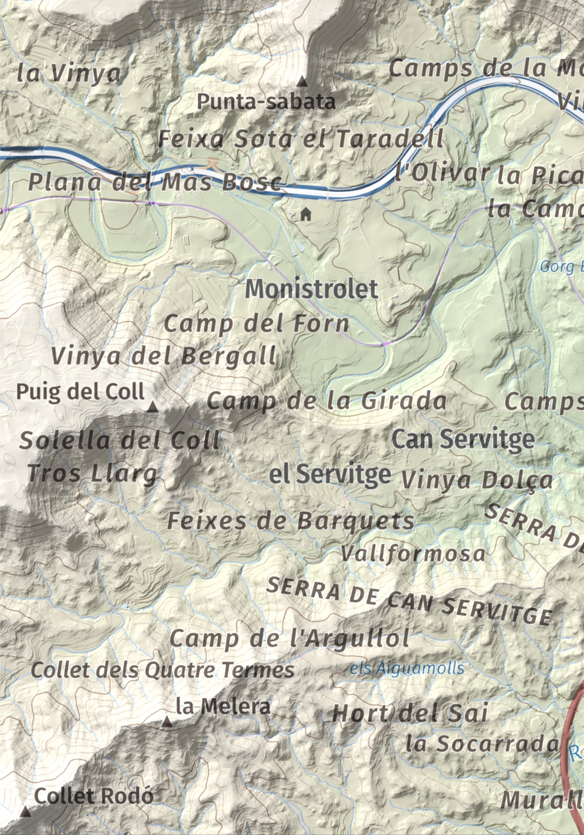 Mapa de relieve de Collbaix, 543 m, Bages, lámina 100 Cims de Trobart. Detalle de la zona inferior izquierda. 21 × 30 cm.