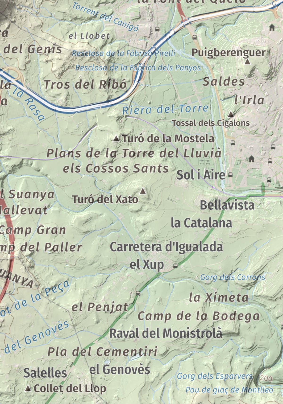 Mapa de relieve de Collbaix, 543 m, Bages, lámina 100 Cims de Trobart. Detalle de la zona inferior derecha. 21 × 30 cm.