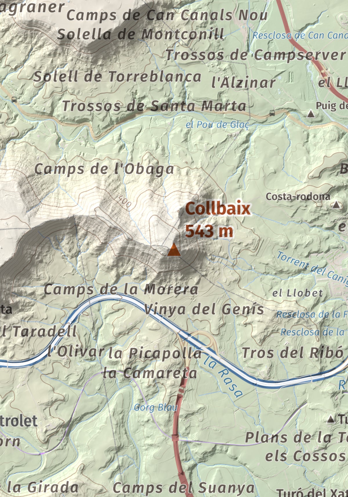 Mapa de relieve de Collbaix, 543 m, Bages, lámina 100 Cims de Trobart. Detalle de la zona central. 21 × 30 cm.