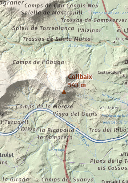 Mapa de relieve de Collbaix, 543 m, Bages, lámina 100 Cims de Trobart. Detalle de la zona central. 21 × 30 cm.