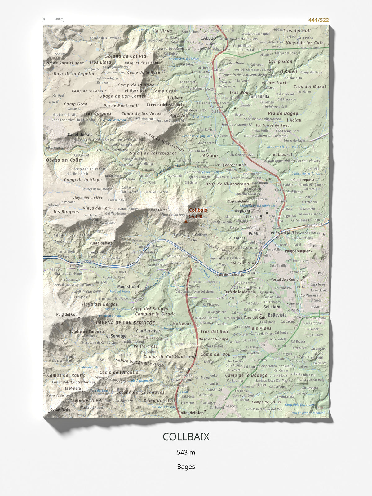 Mapa de relieve de Collbaix, 543 m, Bages, lámina 100 Cims de Trobart 30 × 40 cm.