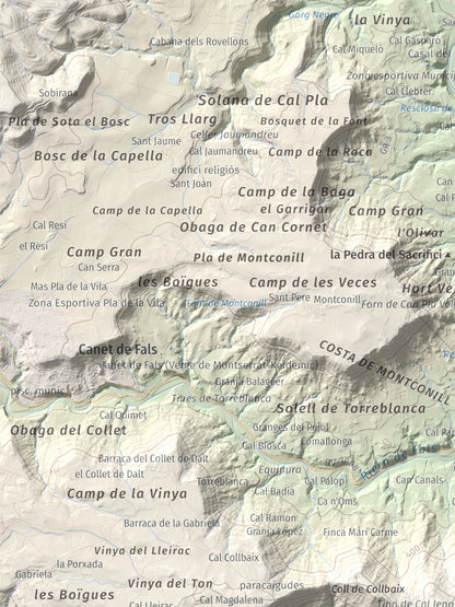 Mapa de relieve de Collbaix, 543 m, Bages, lámina 100 Cims de Trobart. Detalle de la zona superior izquierda. 30 × 40 cm.