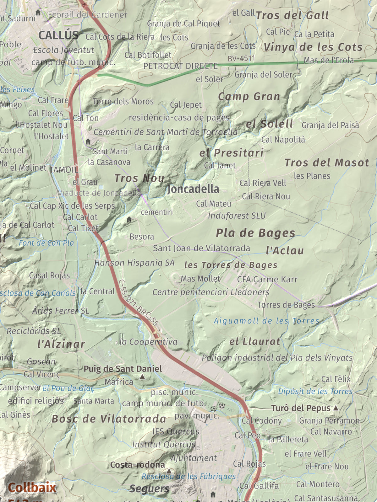 Mapa de relieve de Collbaix, 543 m, Bages, lámina 100 Cims de Trobart. Detalle de la zona superior derecha. 30 × 40 cm.