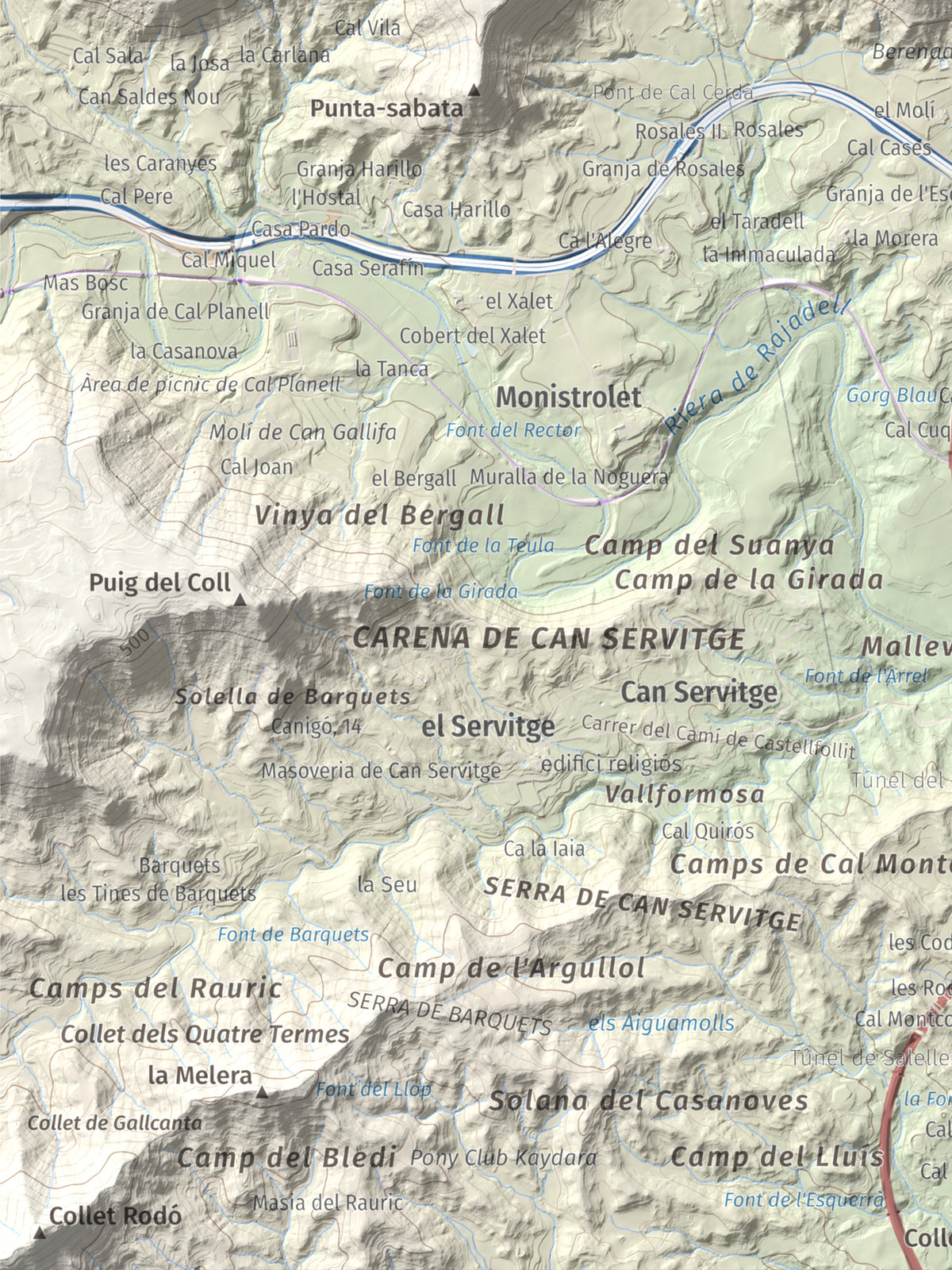 Mapa de relieve de Collbaix, 543 m, Bages, lámina 100 Cims de Trobart. Detalle de la zona inferior izquierda. 30 × 40 cm.