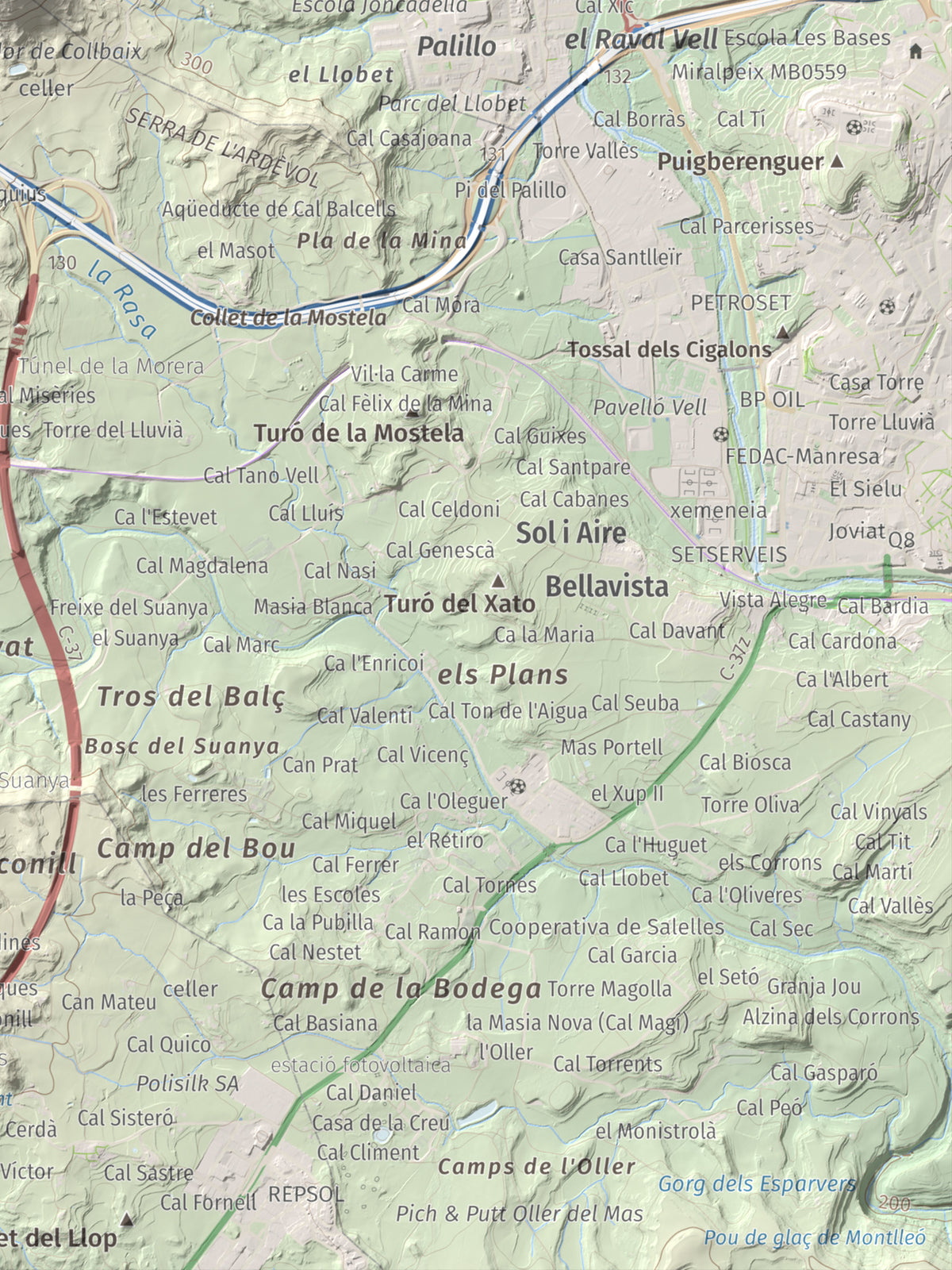 Mapa de relieve de Collbaix, 543 m, Bages, lámina 100 Cims de Trobart. Detalle de la zona inferior derecha. 30 × 40 cm.