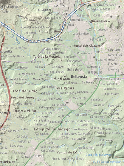 Mapa de relieve de Collbaix, 543 m, Bages, lámina 100 Cims de Trobart. Detalle de la zona inferior derecha. 30 × 40 cm.